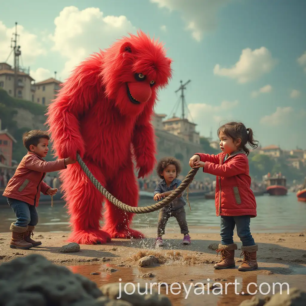 Three-Kids-Tugging-on-a-Red-Curtain-with-Rope-in-Playful-Game