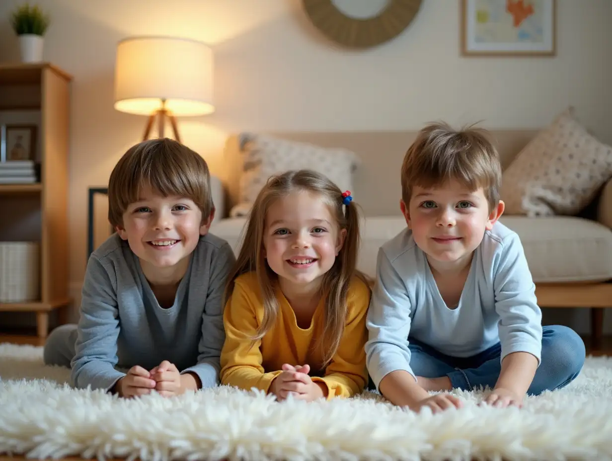 Very realistic photo, close-up, front view. A young family with children is sitting on a carpet in a cozy room