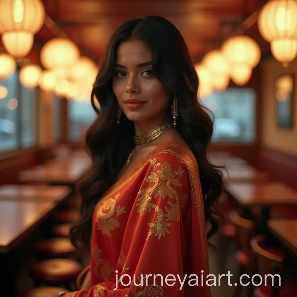 Indian-Woman-in-Saree-Posing-in-Vintage-Tokyo-Caf-with-Mechanical-Hands