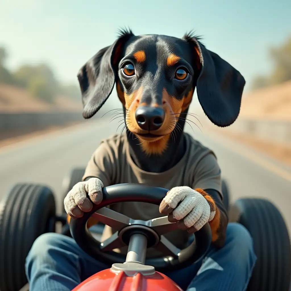 A dachshund dog, he is black, grey with small dappled spots, one eye blue, the other brown, he is driving a fast Go-Kart, dressed casual in jeans, tee-shirt & tennis shoes with white gloves on. He has a rugged, determined look on his face as he is behind the steering wheel while driving fast with ears flapping back in the wind, super wide angle shot from far back showing the entire go-kart.