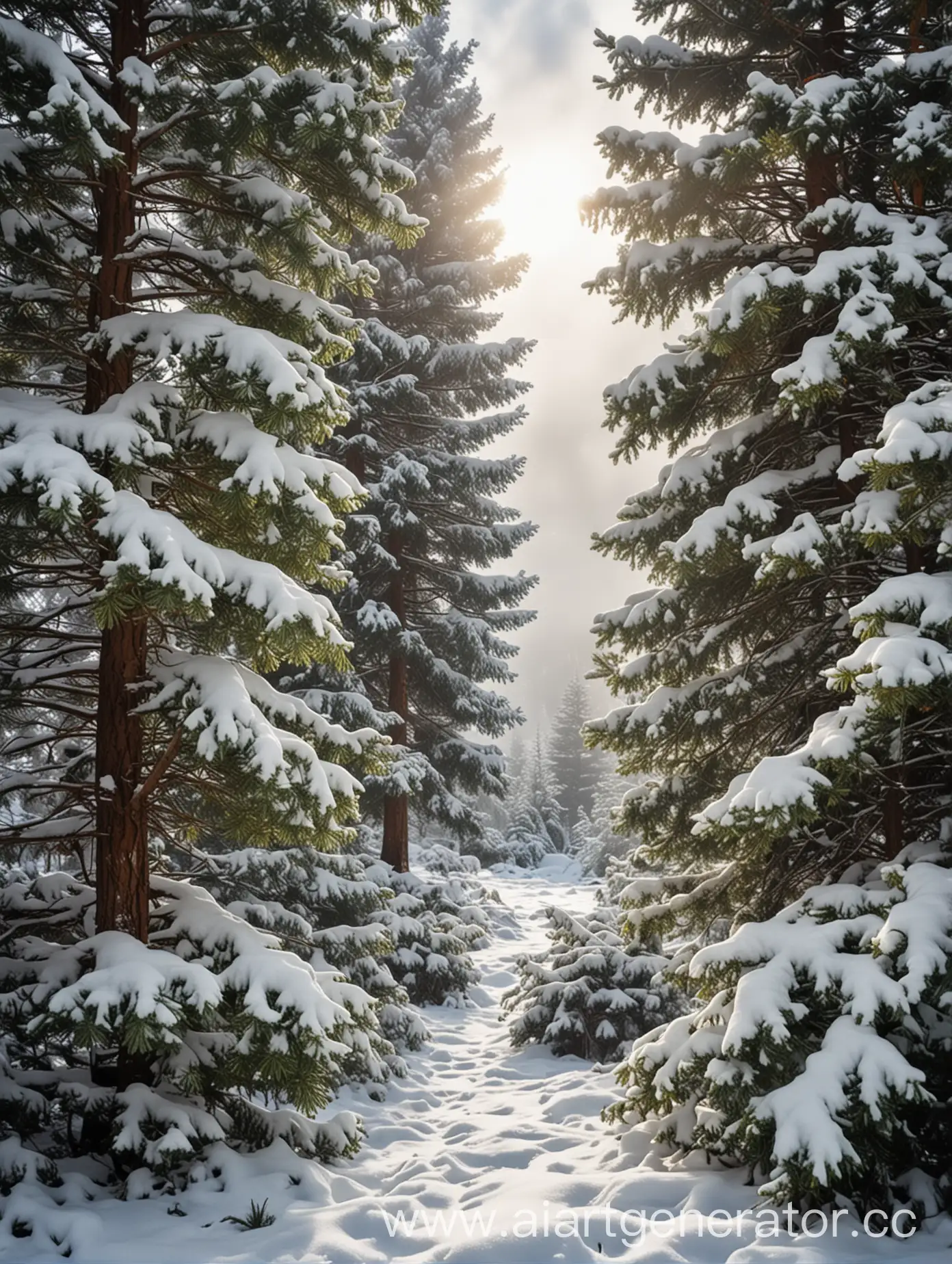 Winter, forest glade, rare bushes, in the center a snow-covered fir tree, through the clouds peeks sun, under the sun's rays shines snow.