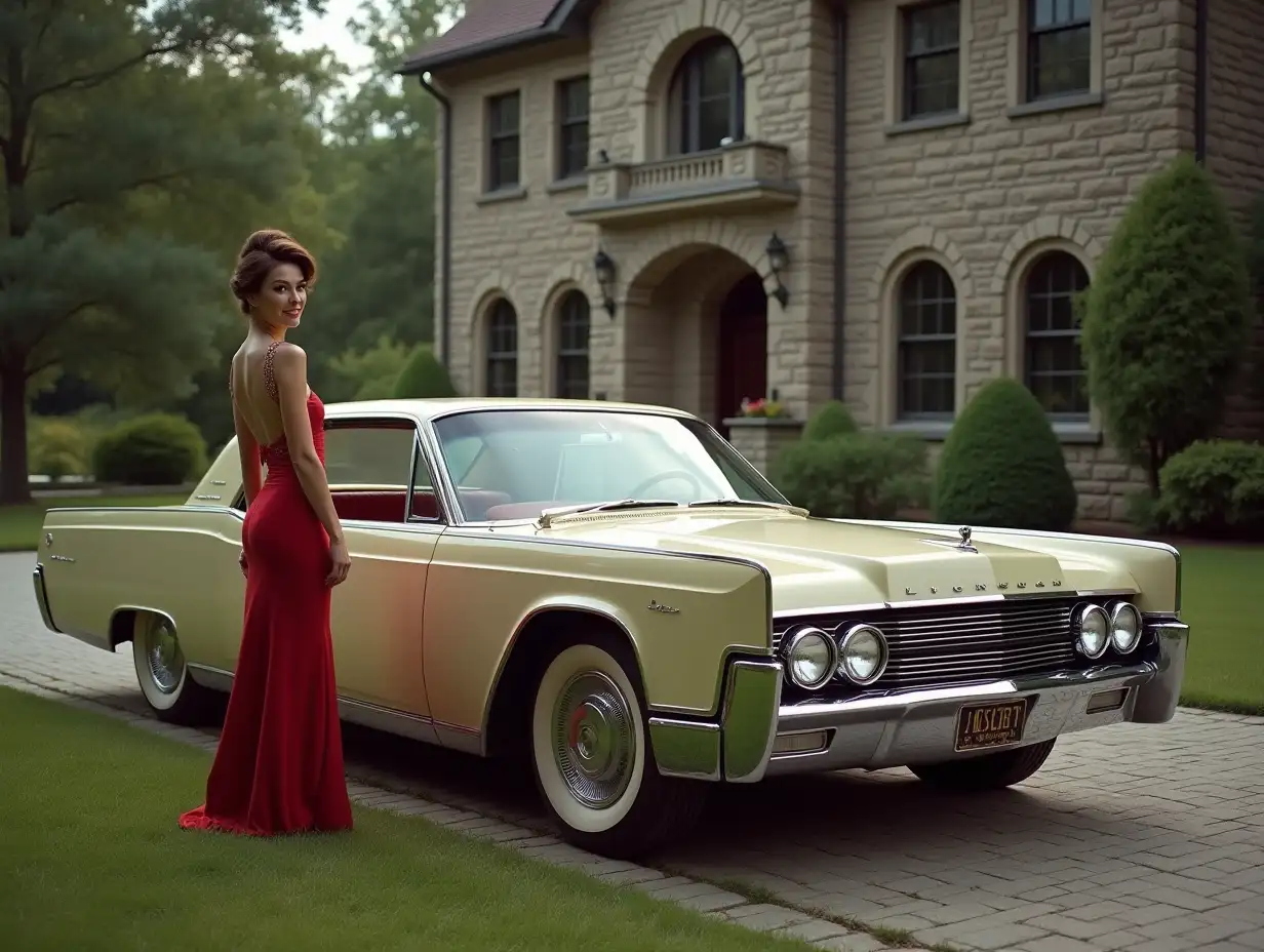 Elegant-29YearOld-Woman-in-Evening-Gown-by-1965-Lincoln-Continental-in-Front-of-Mansion