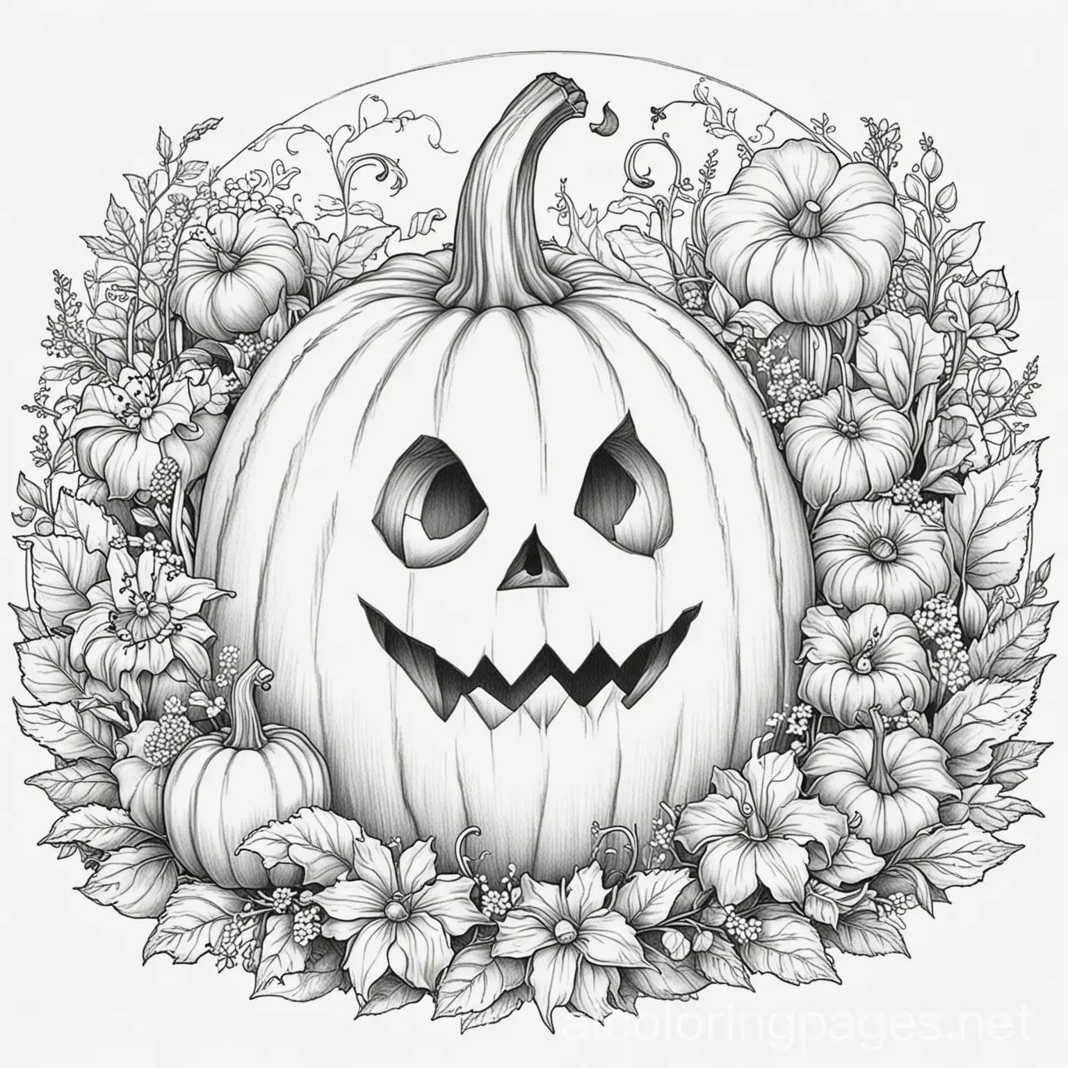 Spooky-Pumpkin-Surrounded-by-Flowers-Coloring-Page