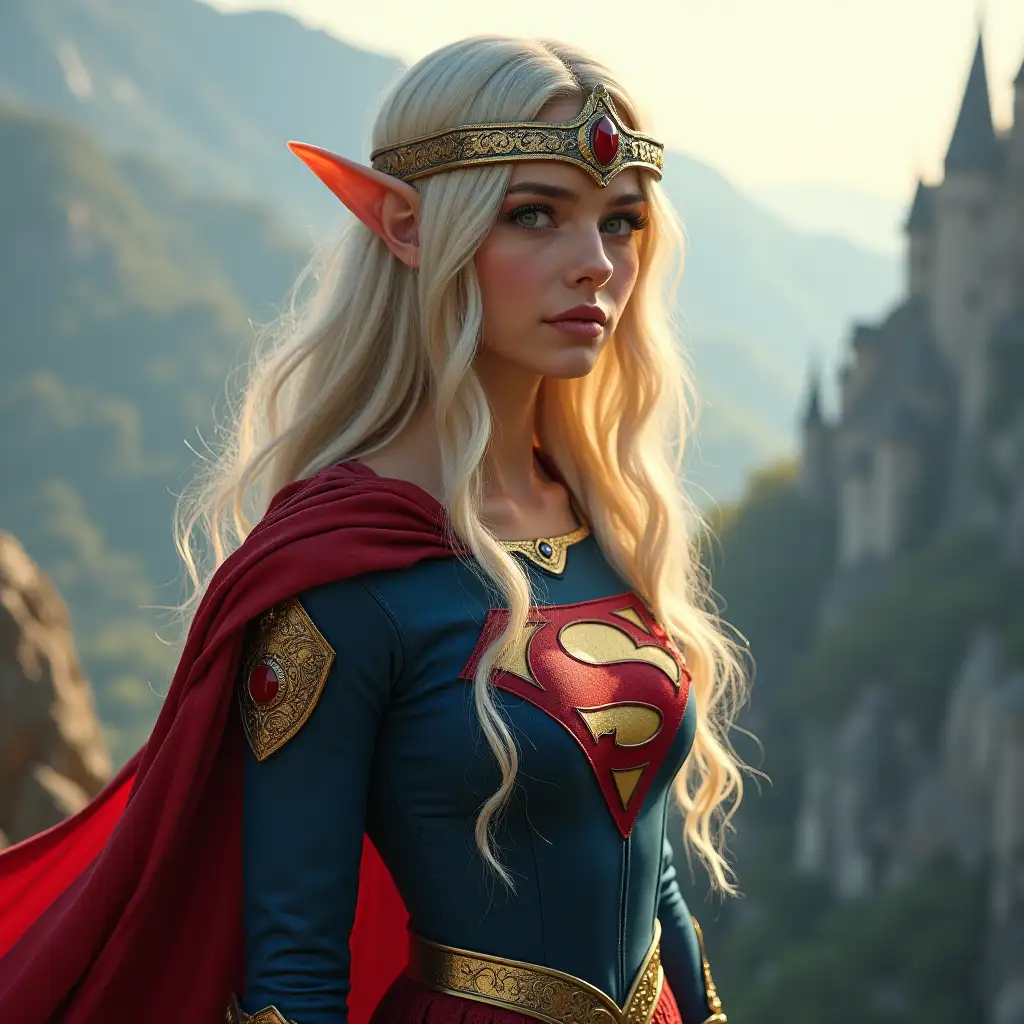 High mountain Elf female, dressed like Supergirl, medieval Metropolis city