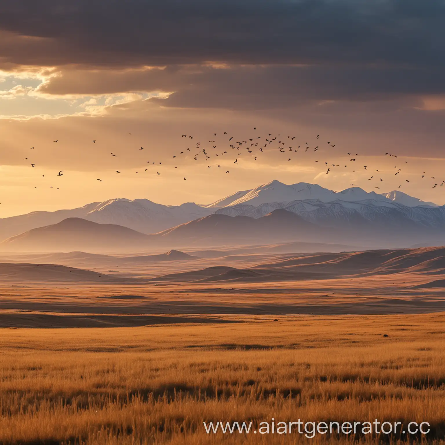 Panorama of the endless Hakassky steppes. The first rays of sun illuminate hills, in the distance silhouettes of mountains are visible. A flock of birds takes off from the ground