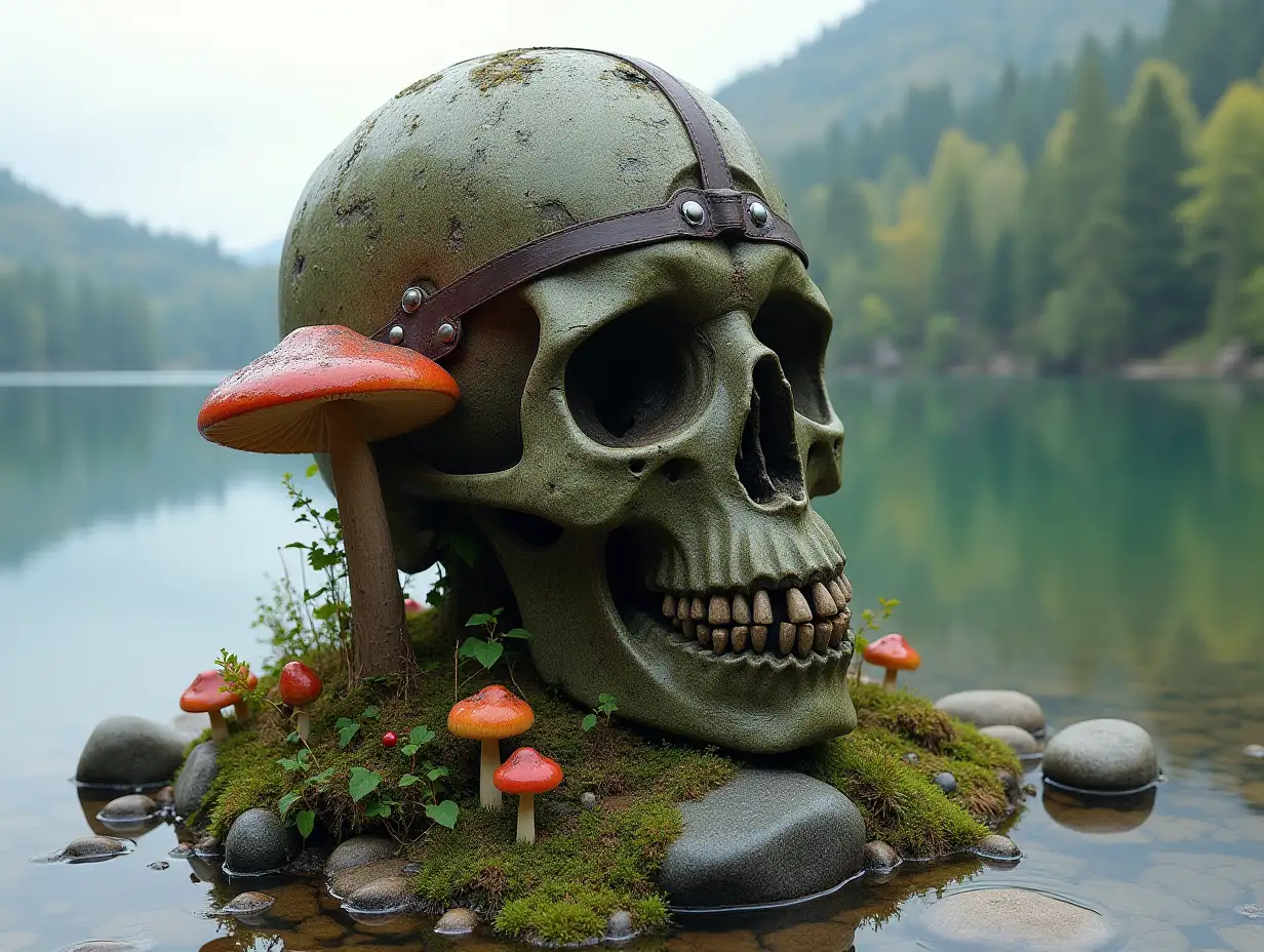 Head with helmet, stones, mushrooms, roots transformed into building at the lake