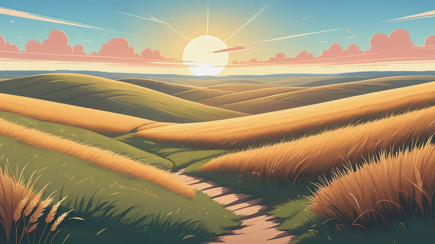 Vibrant Kawaii Landscape with Endless Prairie and Golden Grass