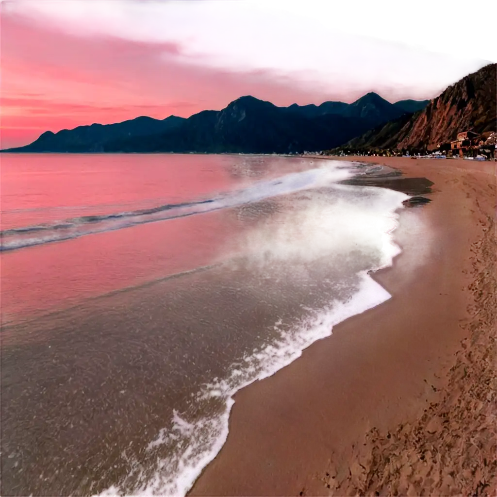 A pink sunset next to a beautiful beach with mountains.