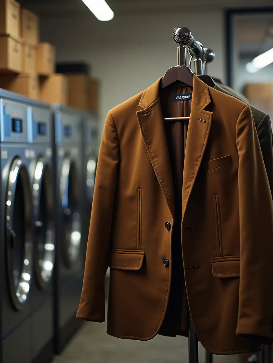 we are in a drylaundry shop. the moment the customer receives his brown jacket. nicely cleaned and ironed.