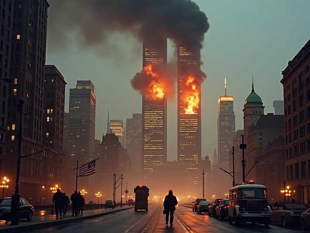 A somber depiction of the September 11, 2001 attacks on the Twin Towers in New York City. Smoke and fire billow from the towers as first responders rush toward the scene. The American flag hangs in the foreground, symbolizing resilience. The image captures the shock and tragedy of the day.