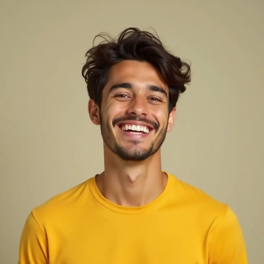 A 22/23-year-old young man is wearing a yellow shirt, and a bright, joyful smile is on his face. His smile seems to radiate hope and energy, reflecting the sweetness of his personality and his natural sense of happiness.