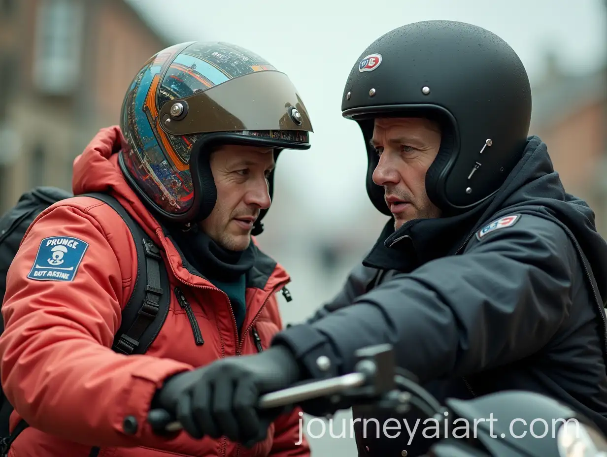 Two-Motorcyclists-Comparing-Themselves-Brightly-Colored-vs-Black-Attire