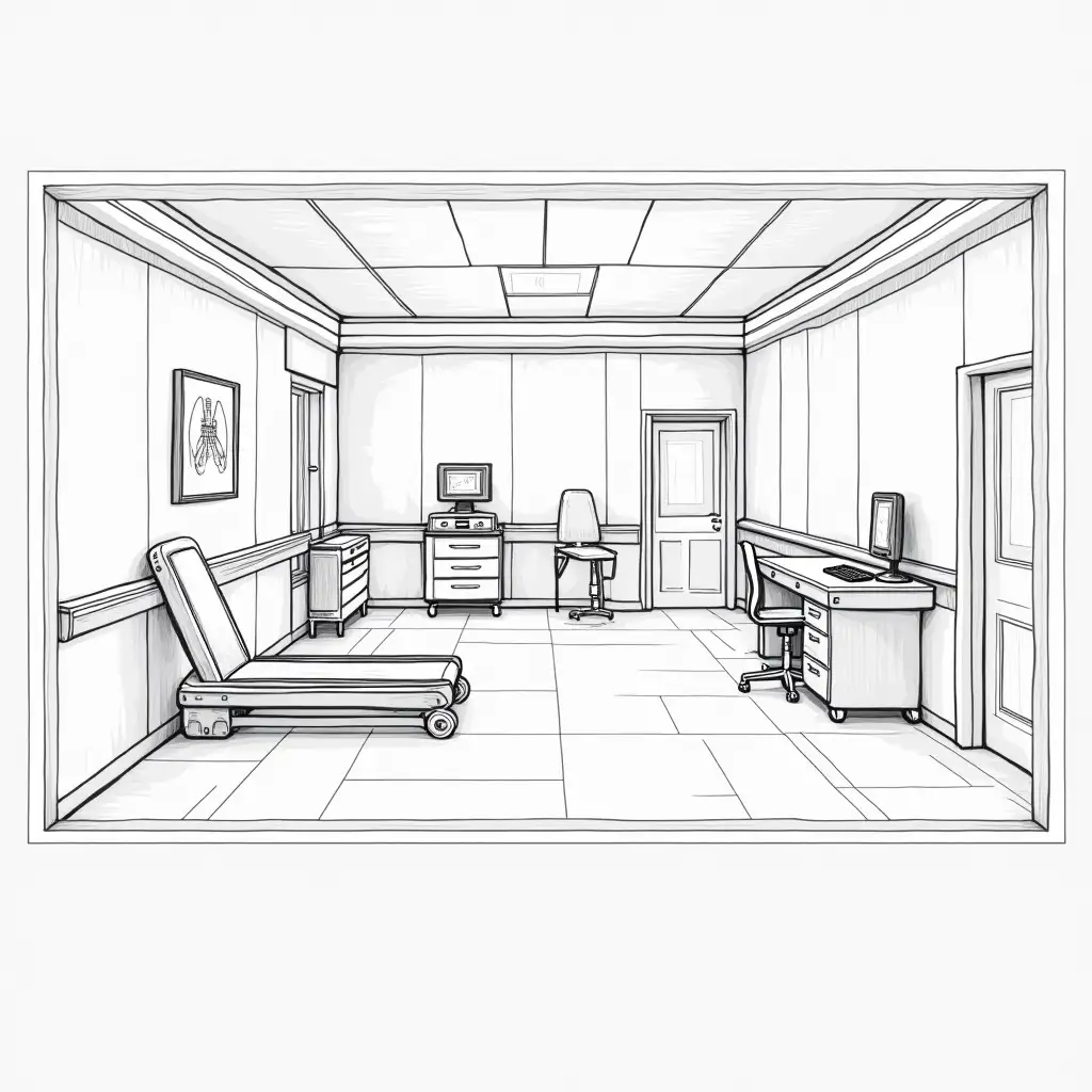 Design a respiratory testing room in a CAD-style (AutoCAD-inspired). The room should include: A treadmill, A desk and chair, A medical bed, And any other necessary medical equipment. The design should look technical, clean, and precise, resembling a blueprint or CAD drawing. The entire design should be in black and white, like a CAD schematic.