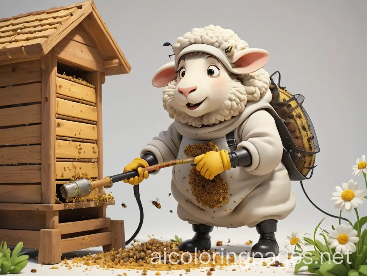 Cartoon-Sheep-Beekeeper-Vacuuming-Bees-Coloring-Page