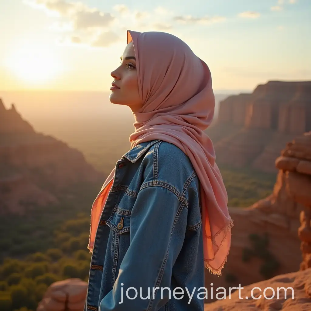 Woman-in-Vibrant-Jeans-Outfit-with-Hijab-Against-Stunning-Landscapes