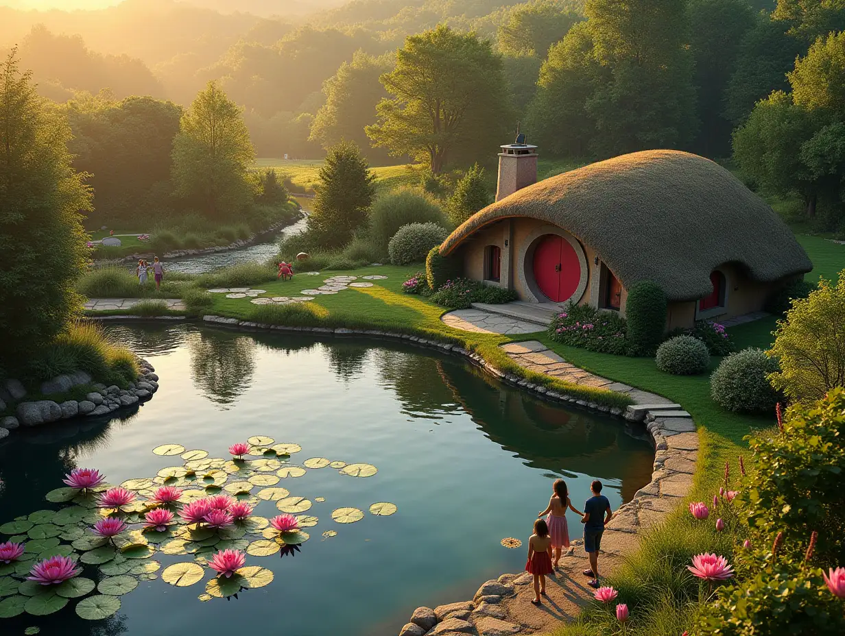 a bird's-eye view of the hobbit house, and next to it are a man, a woman and a child - they are all happy and in motion, the hobbit house stands facing the shore of a large pond with large pink water lilies and is located 30 meters from this pond, and on the edge of the shore near the water a man and a child are playing, on the other side of the pond with large pink water lilies children and other people are walking and playing by the water, on the other side there is also a simple wooden pergola with a small pier by the water, and a chalet house with panoramic windows in all walls from floor to roof, that is, each wall is a panoramic window, everything else around the pond is a landscape design in the style of minimalism, A sunset sunny day and a lot of sunset sunlight, the foreground is in focus and the background is blurred