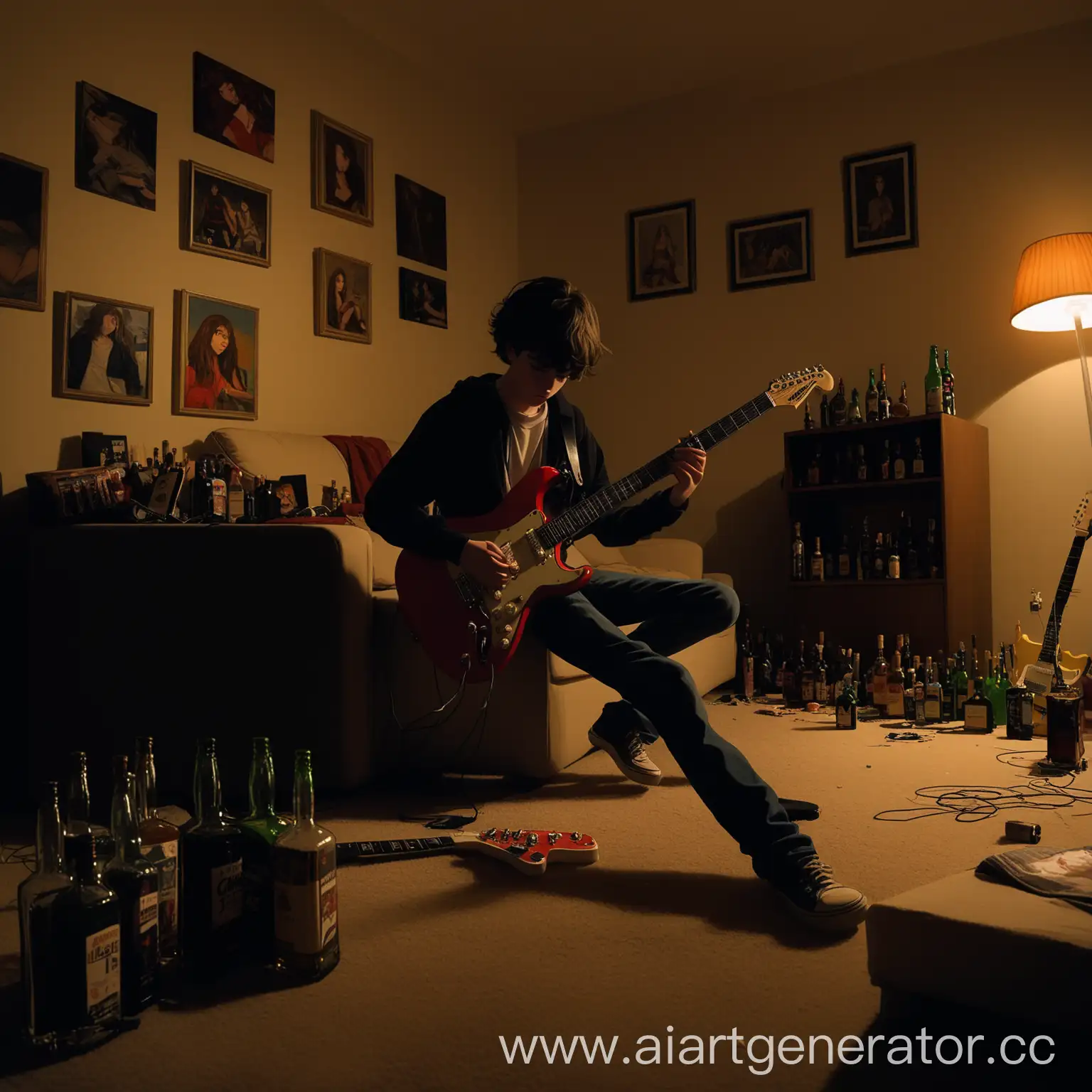 A teenage man plays an electric guitar at night in an empty apartment, next to bottles of alcohol and paintings of girls