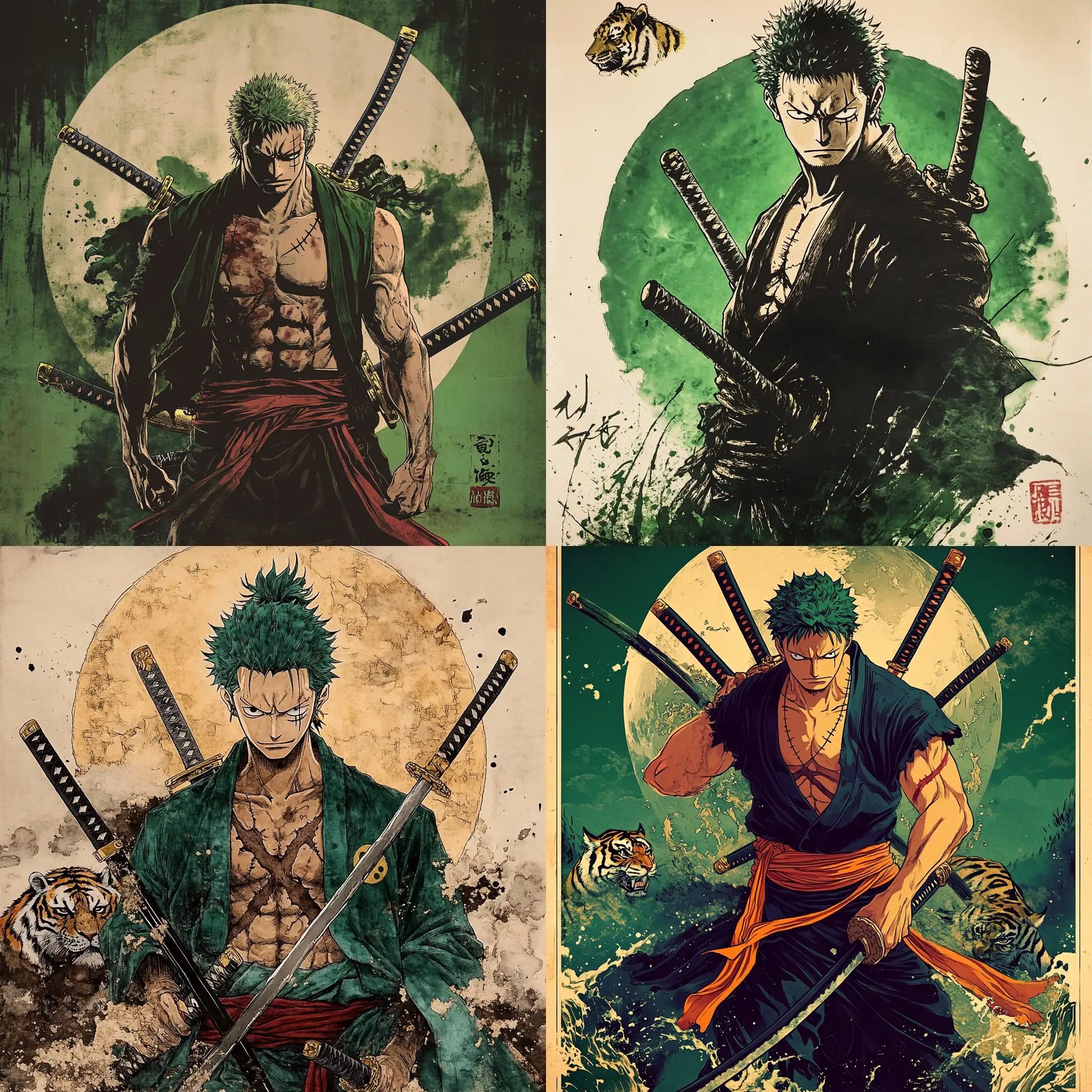 Roronoa-Zoro-Three-Swords-Sumie-Ink-Poster-Design-with-Moon-and-Tiger