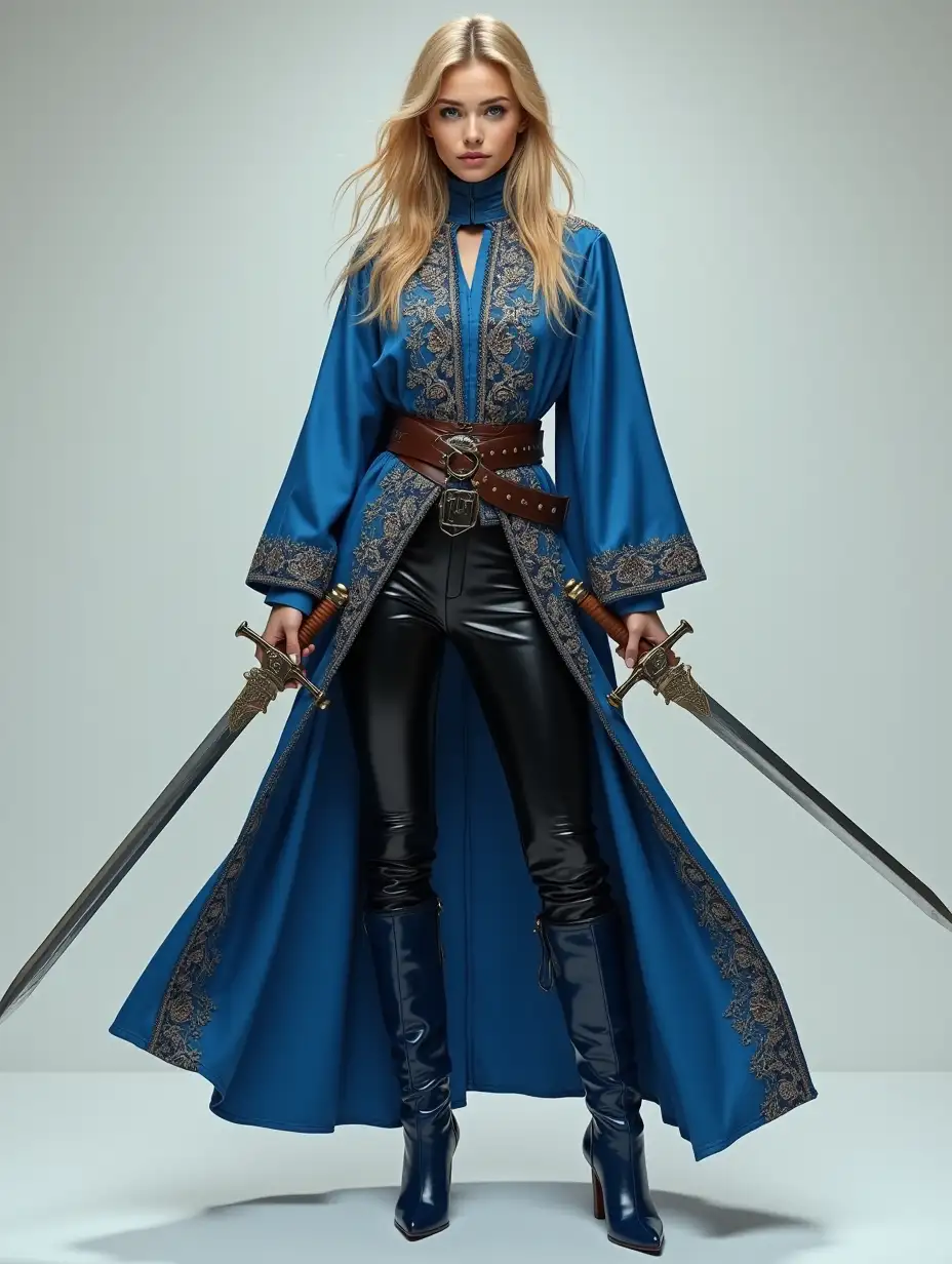 full body shot, frontal shot, pretty young female warrior, embroidered blue robes, black leather pants, high heel blue leather boots, age 17, very beautiful european face, blonde hair, full lips, wielding two short swords