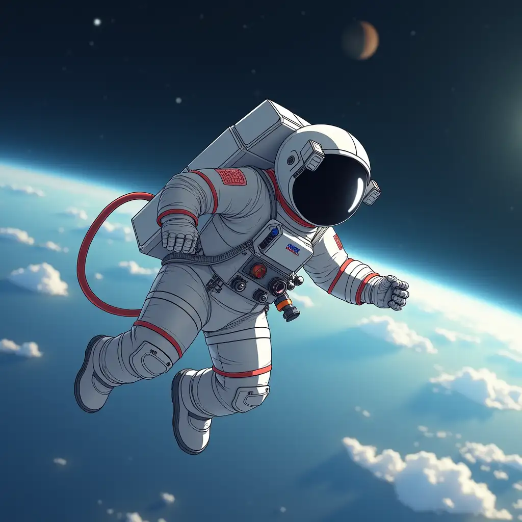 Hayao Miyazaki-style astronaut soaring in space