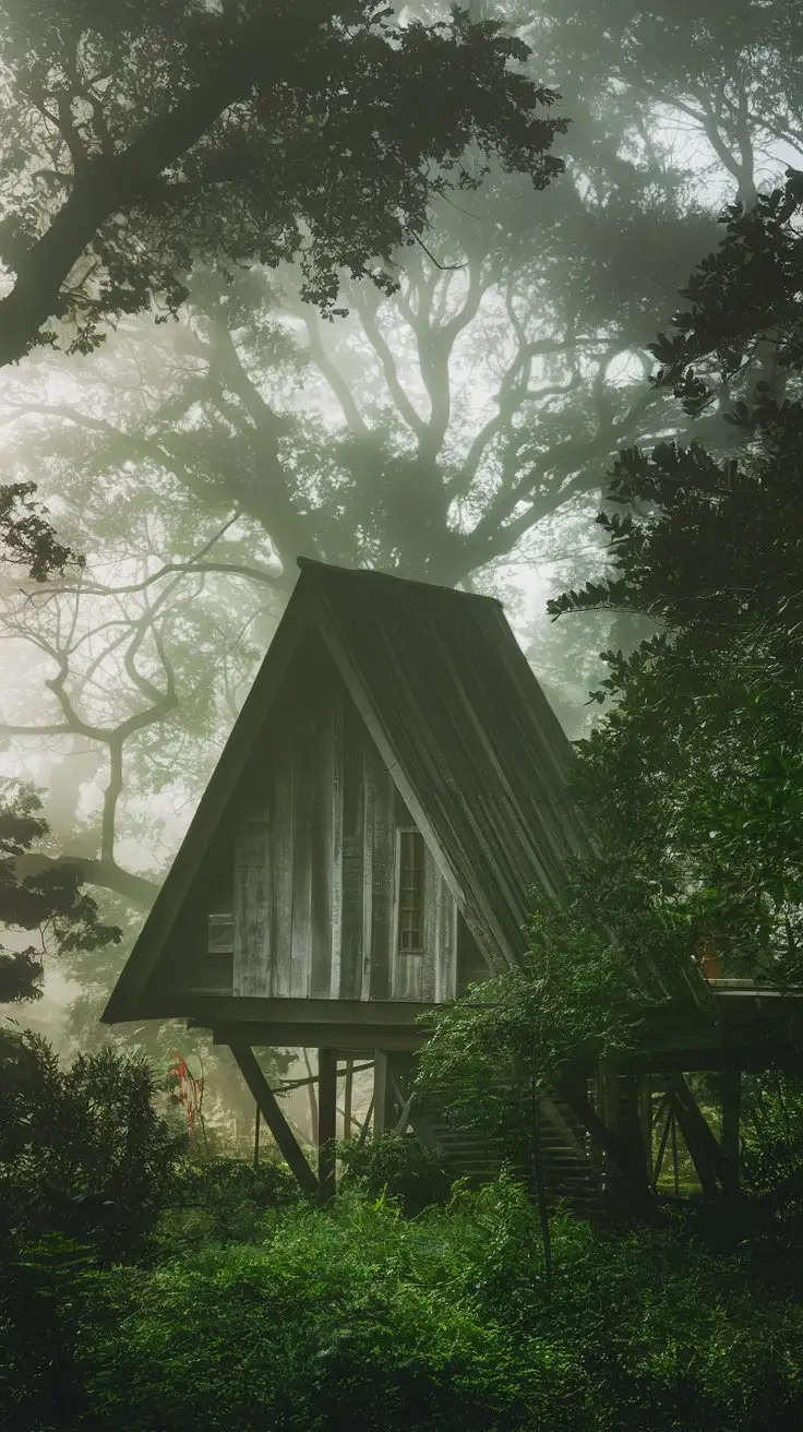 Mystical-Triangle-Cabin-in-a-Lush-Forest-with-Sunlight-Filtering-Through-the-Canopy