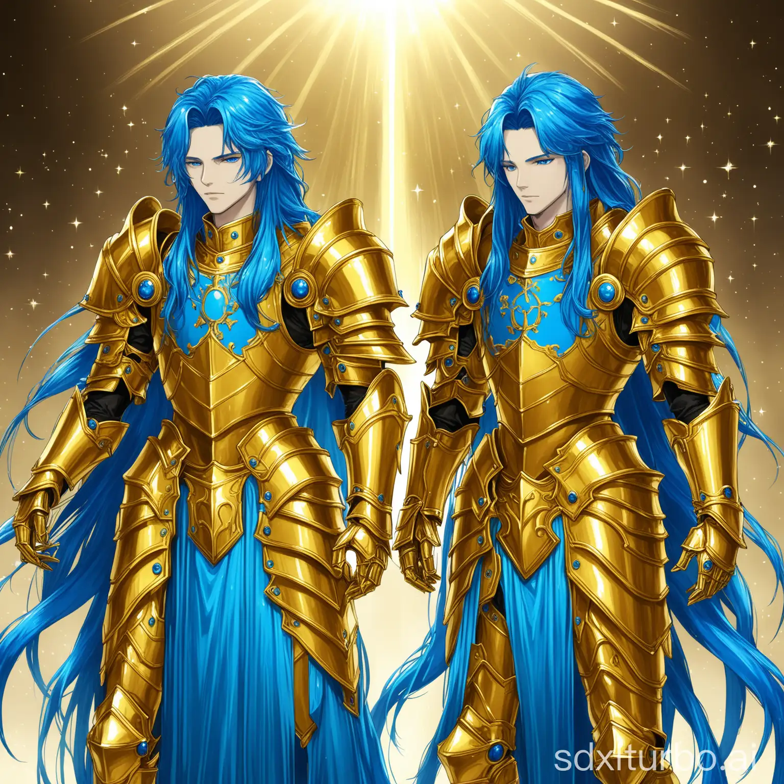 Twin knights of Gemini with long blue hair in golden holy armor