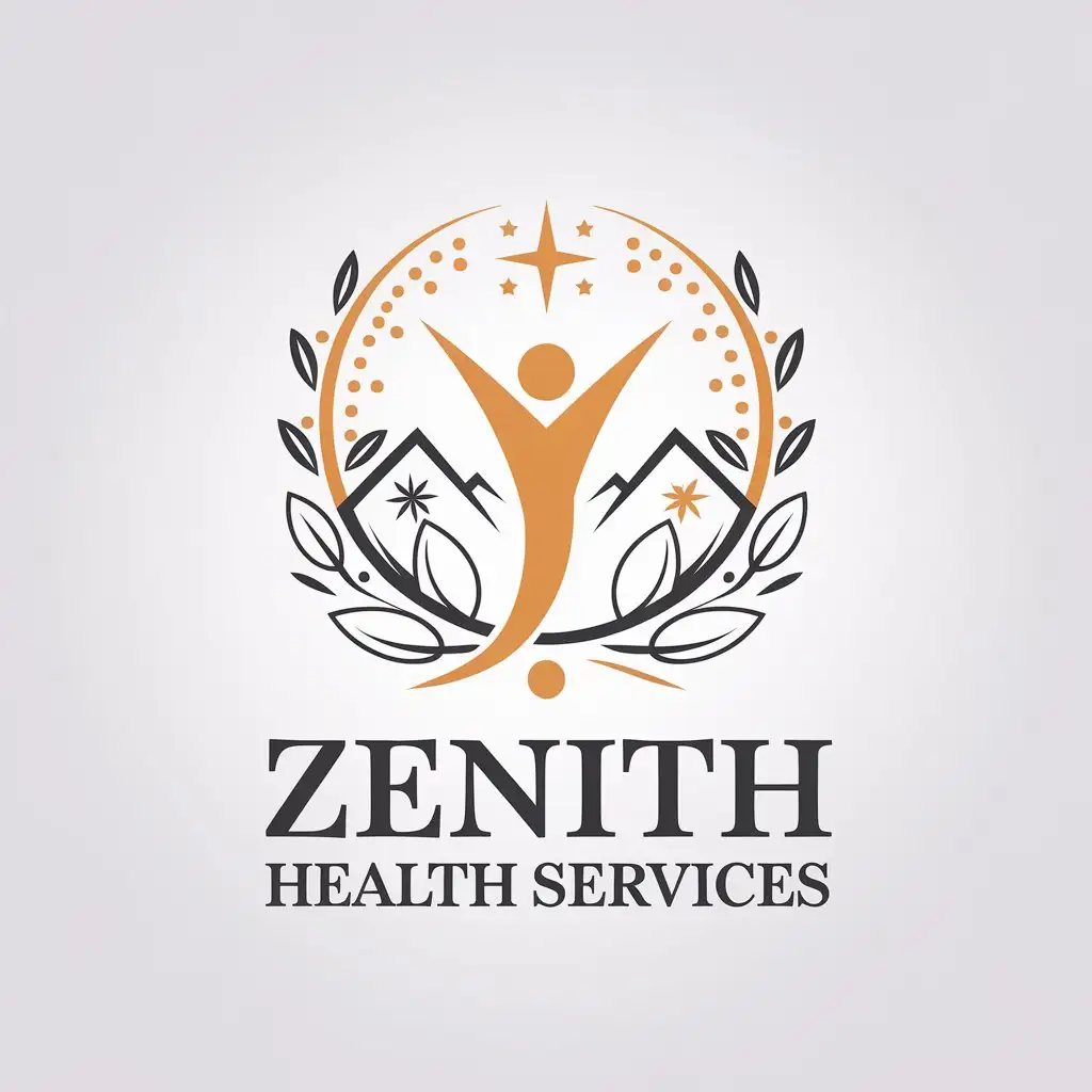 LOGO Design for Zenith Health Services Circle of Health and Happiness with Sun Mountains and Leaves