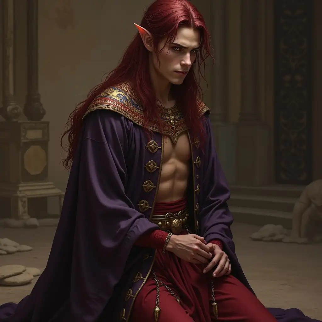 Fantasy Elf Prince in Egyptian Priest Robes Begging for His Life Under Dark Elf Guard