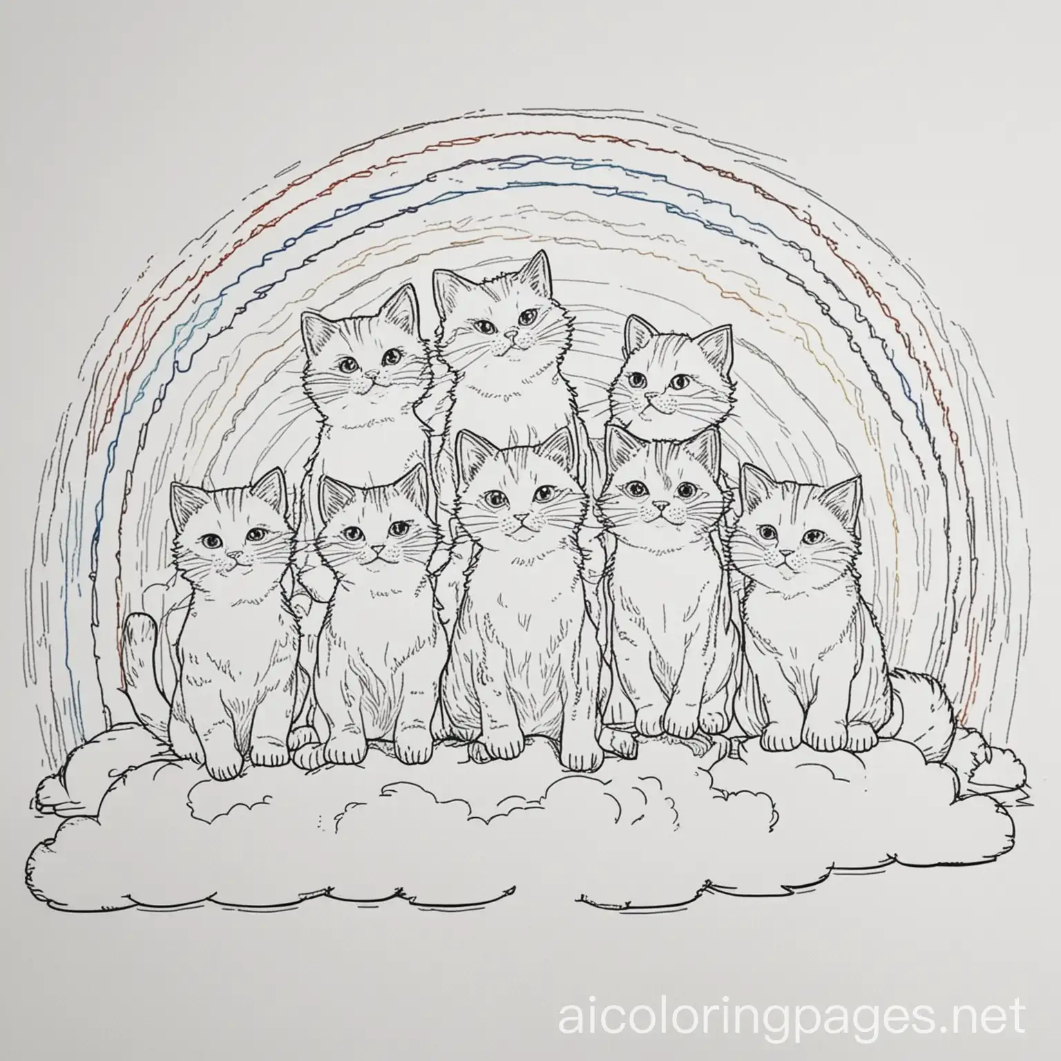 seven cats jumping in a rainbow shape, Coloring Page, black and white, line art, white background, Simplicity, Ample White Space. The background of the coloring page is plain white to make it easy for young children to color within the lines. The outlines of all the subjects are easy to distinguish, making it simple for kids to color without too much difficulty