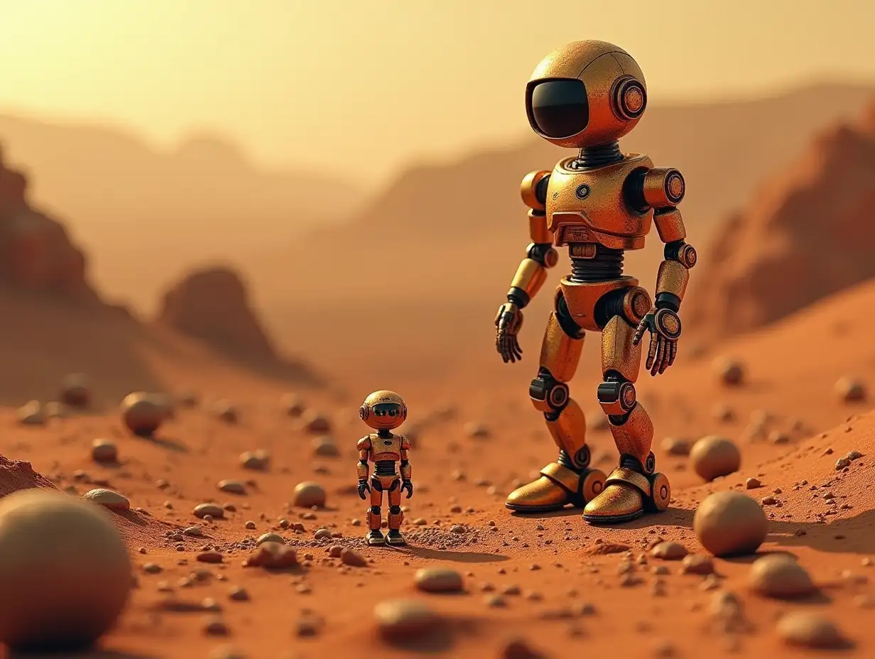 Erstellen Sie ein hochauflösendes, realistisches Bild von der künstlichen Intelligenz Robert, 40 Meter groß, with small robot figures made of red gold and some rusty glass balls on the Mars surface at 4k resolution