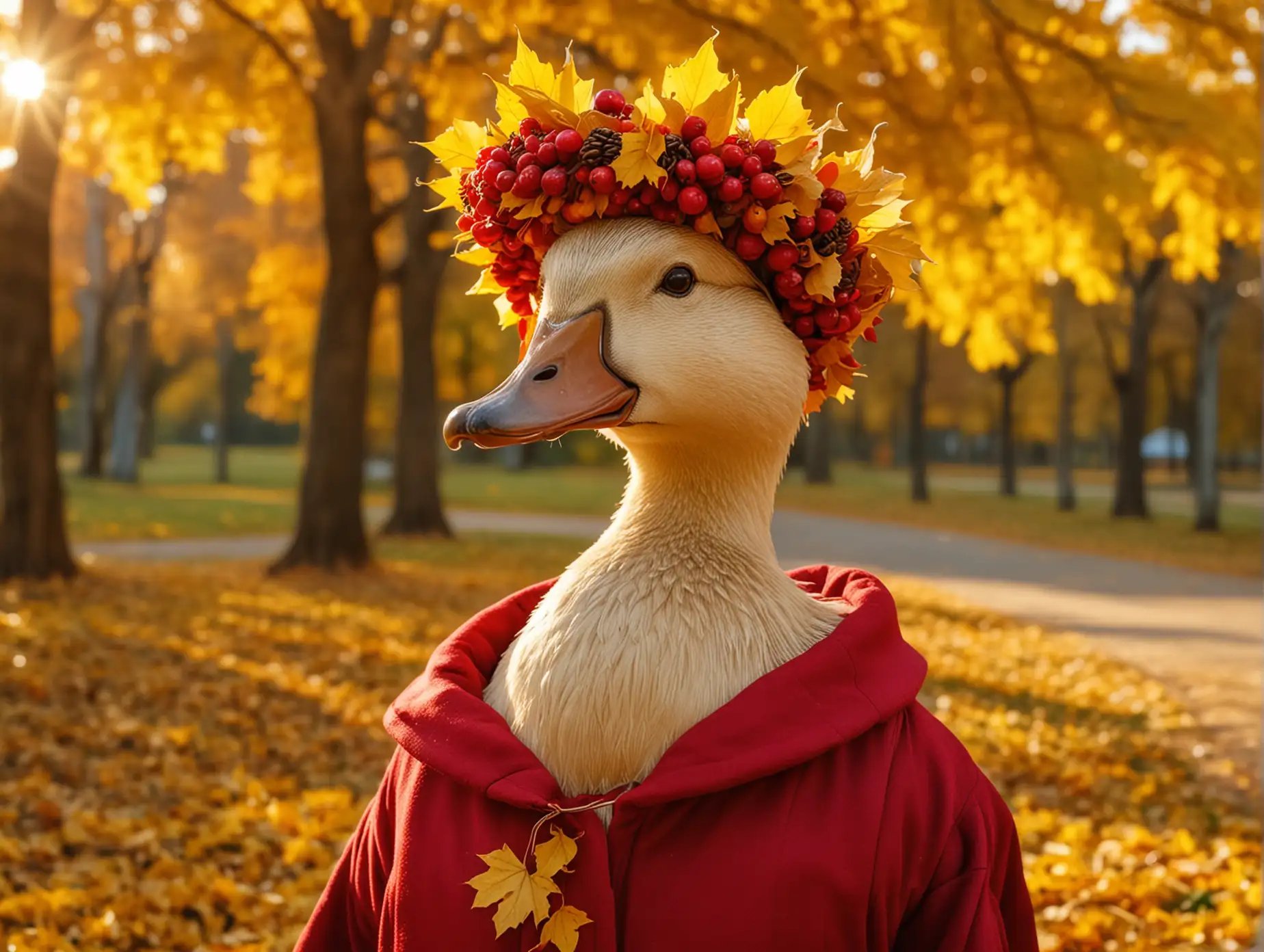 Duck-in-Red-Elegant-Coat-with-Maple-Leaf-Wreath-in-Autumn-Park