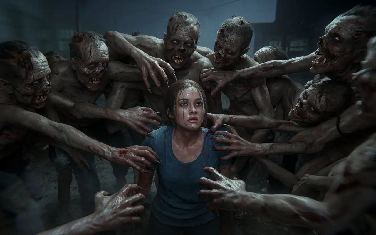 Zombie-Horde-Attacking-Frightened-Woman-in-Gloomy-Night-Scene