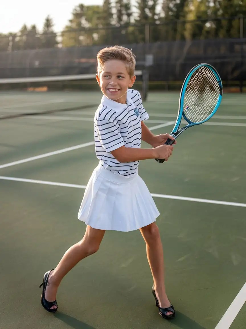 little young boy wearing white tennis skirt and striped shirt and black high heels and playing tennis and smiling