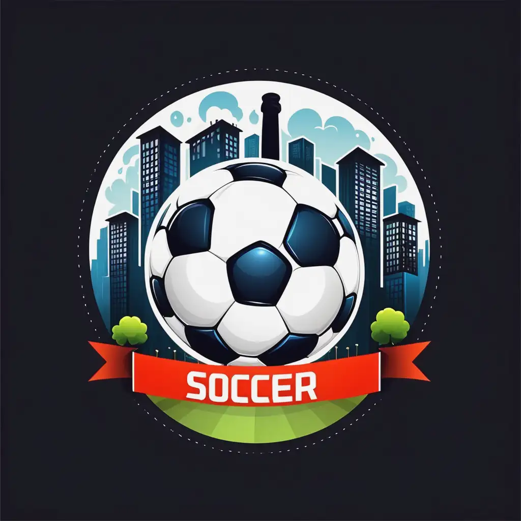 Rounded isolated logo of soccer club. Soccer balls, a factory with a smoking chimney, skyscrapers