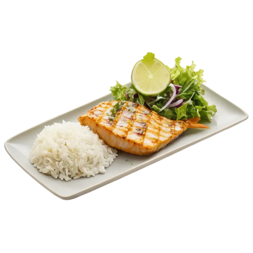 Exquisite-Gourmet-Restaurant-Dish-with-Fish-Rice-and-Salad-Seen-from-Above-PNG-Image