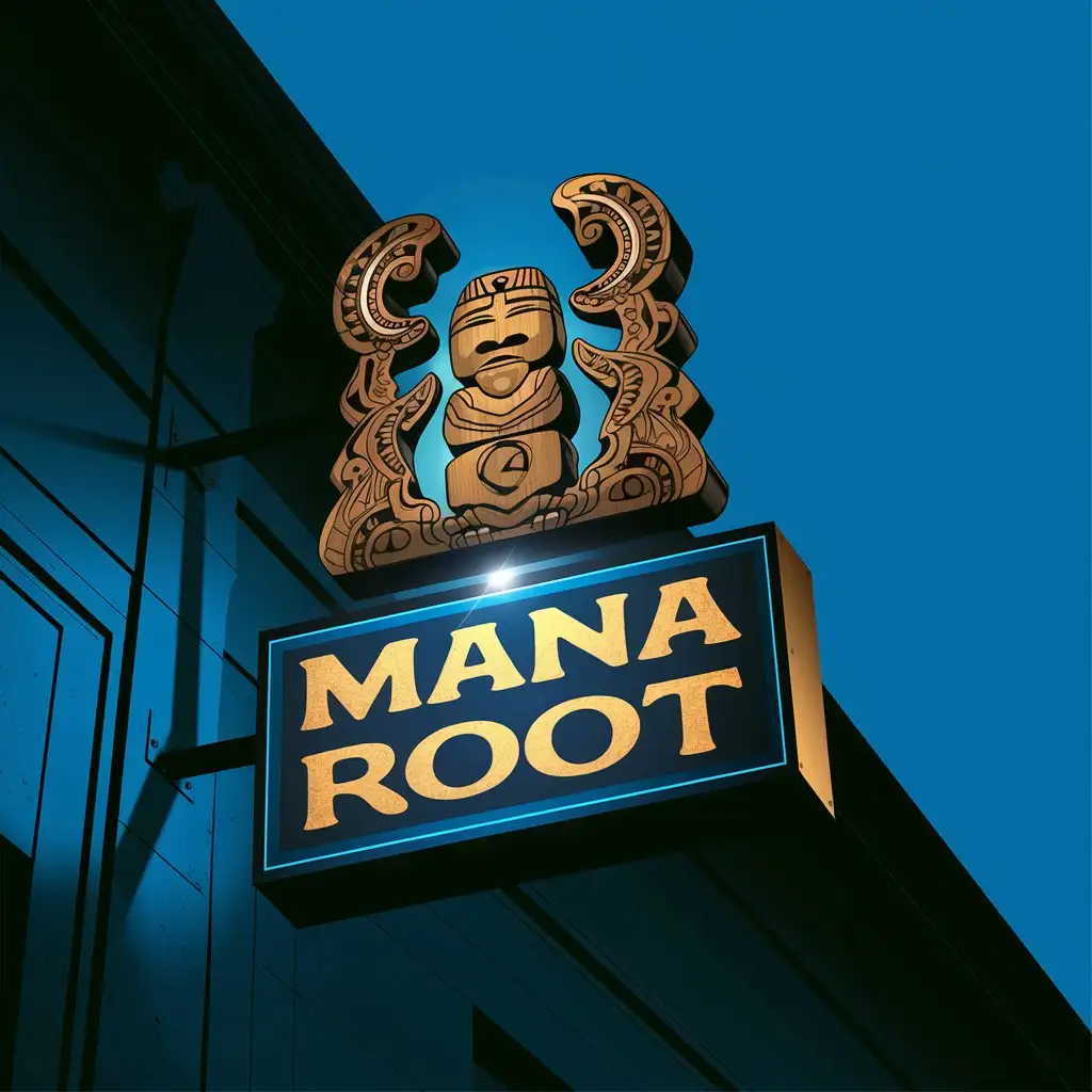 LOGO Design for MANA ROOT Vintage Fiji Solomon Islands Carved Wood Figure with Blue White Gold and Brown Theme for Retail Industry