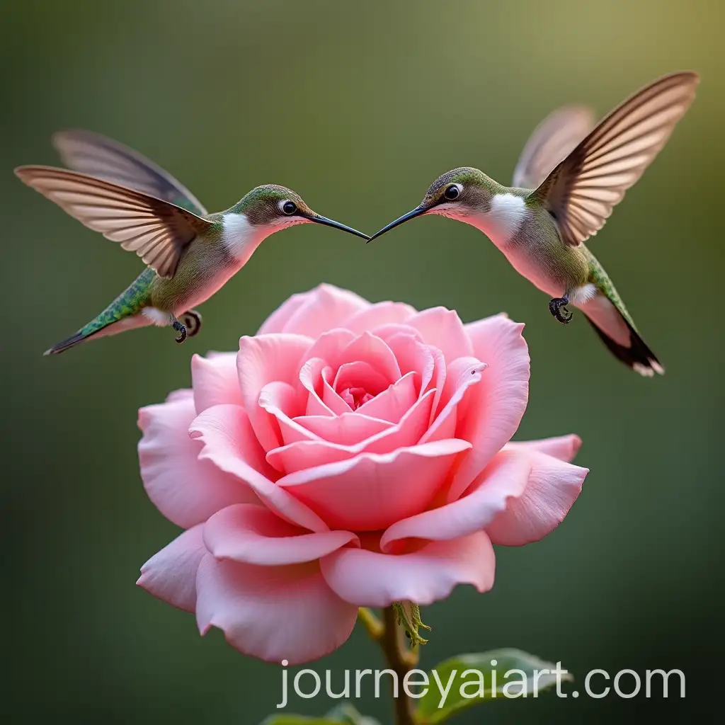 Two-Hummingbirds-Hovering-Around-a-Pink-Rose-of-Castille