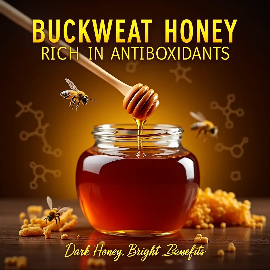 Bold poster for dark buckwheat honey. Centerpiece: large glass jar filled with glossy, deep amber honey; wooden dipper dripping thick honey. Layered dark brown honeycomb background with amber highlights. Foreground: stylized golden antioxidant molecules floating. Realistic bees in flight around jar. Top text in bold, modern font: 'Buckwheat Honey: Rich in Antioxidants'. Bottom tagline: 'Dark Honey, Bright Benefits' in smaller, elegant script. Color palette: deep amber, rich brown, golden accents. Dramatic side lighting emphasizing honey's depth. Photorealistic style, sharp focus.