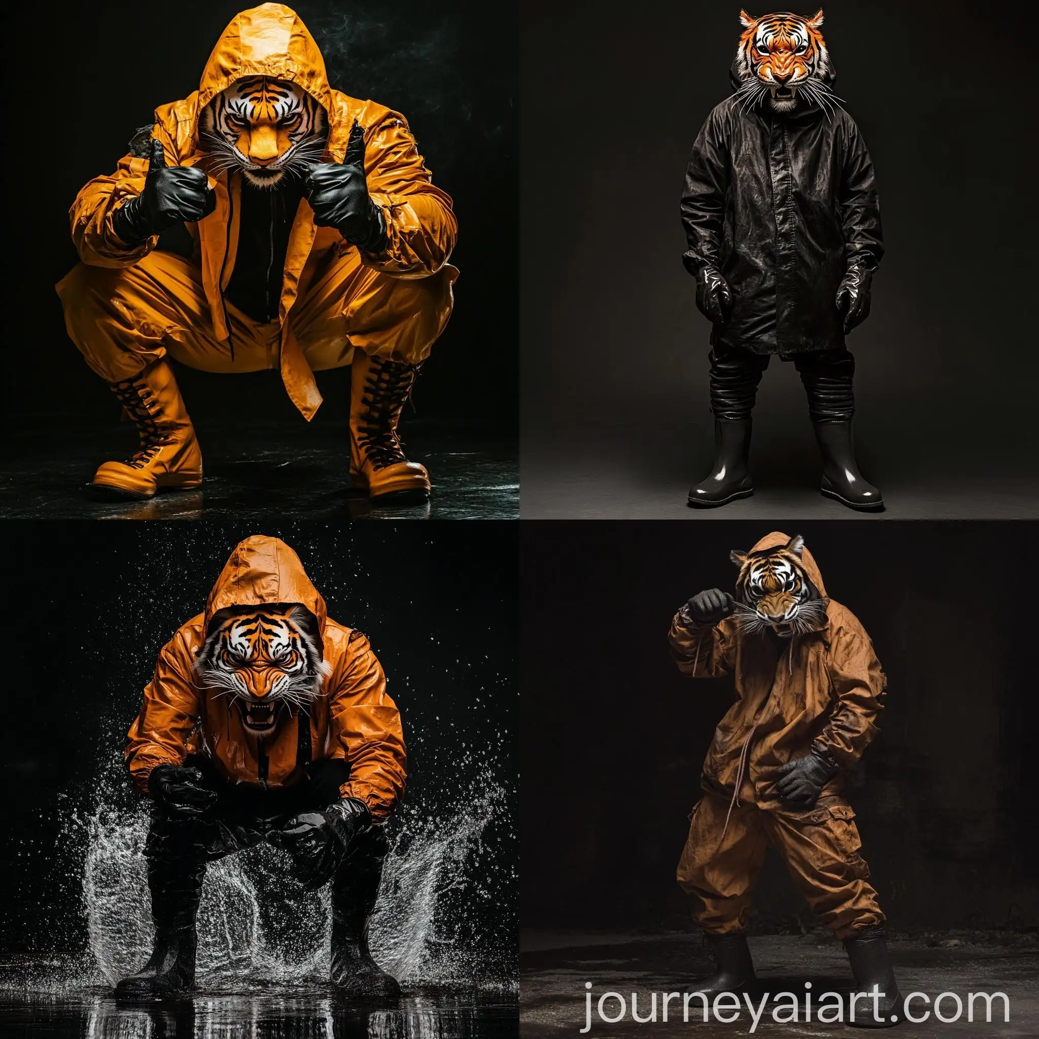 Man-Wearing-Tiger-Roaring-Mask-with-Hood-and-Rubber-Boots