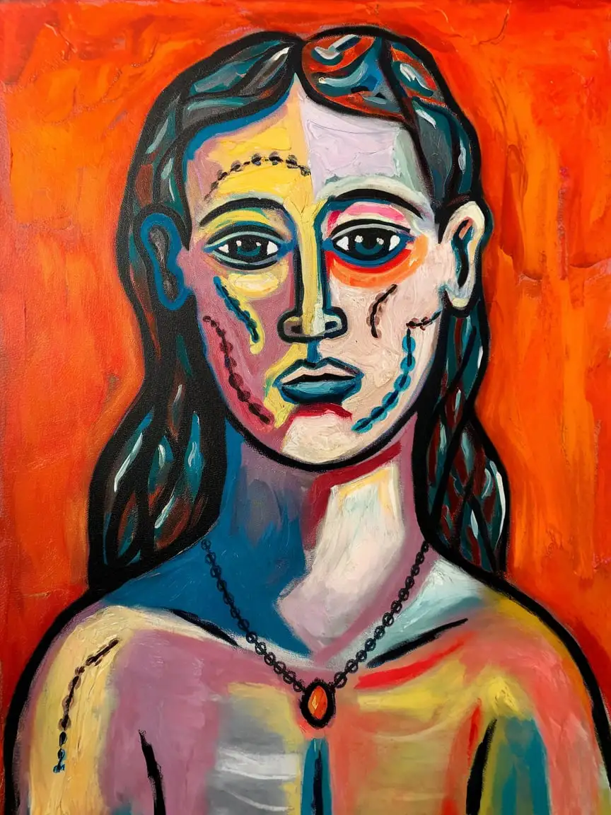 create an oil painting, portrait of a woman, plastic surgeries, feminism, in the style of neoprimitivism based on artists like Marc Chagall, color, form