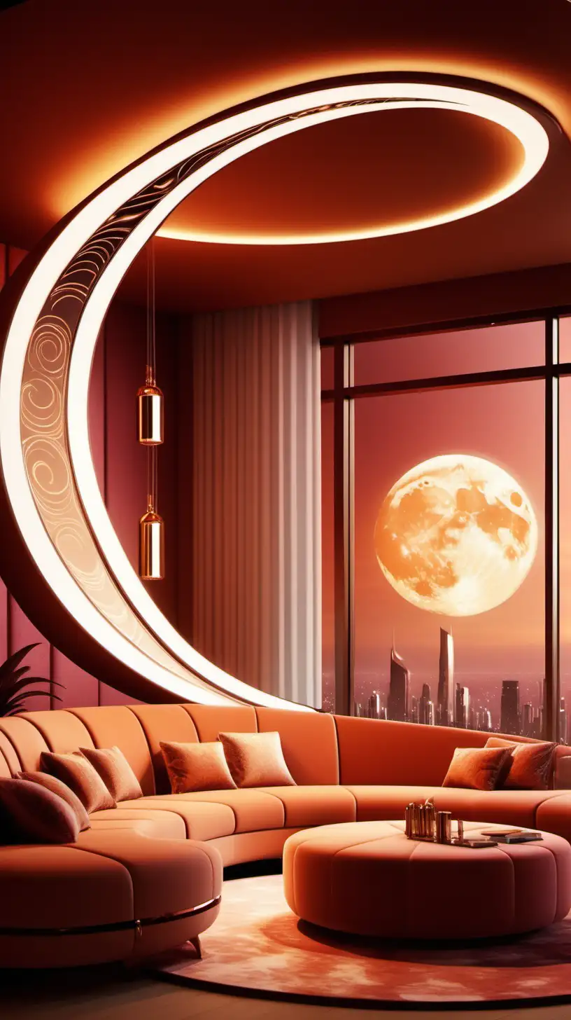 Futuristic Luxury Crescent Moon Lounge with Cozy Warm Colors