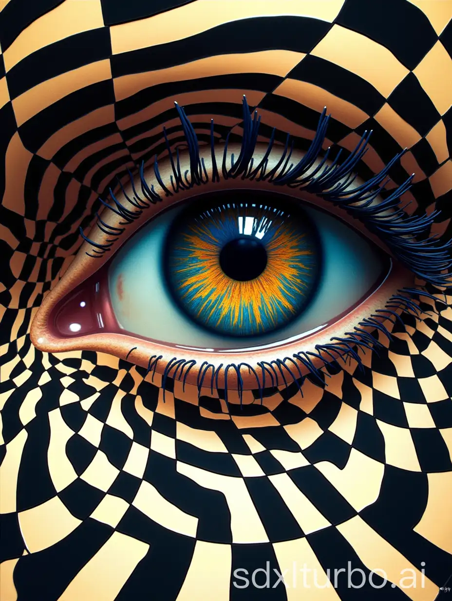 Human eye in Op Art style, featuring gold and sapphire illusions --ar 3:2