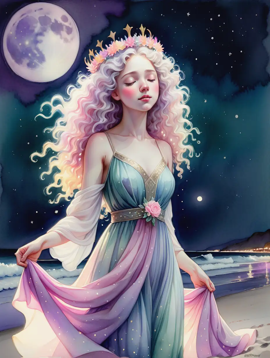 Moonlit-Beach-with-Serene-Woman-in-Flowing-Pastel-Dress-and-Neonlit-Building