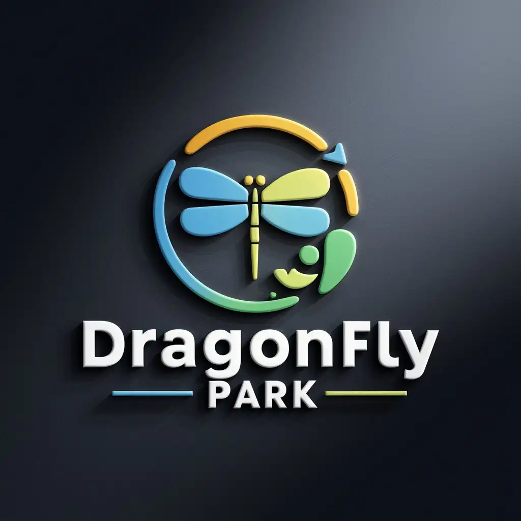 LOGO Design For Dragonfly Park Colorful Circle with Dragonfly in Park Theme on Dark 3D Black Background