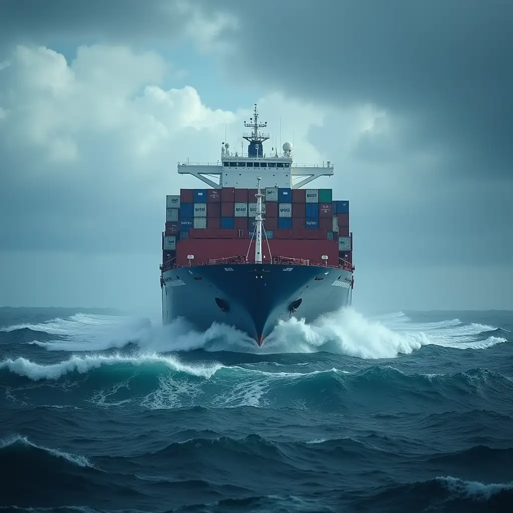 A container ship in a stormy sea with big waves