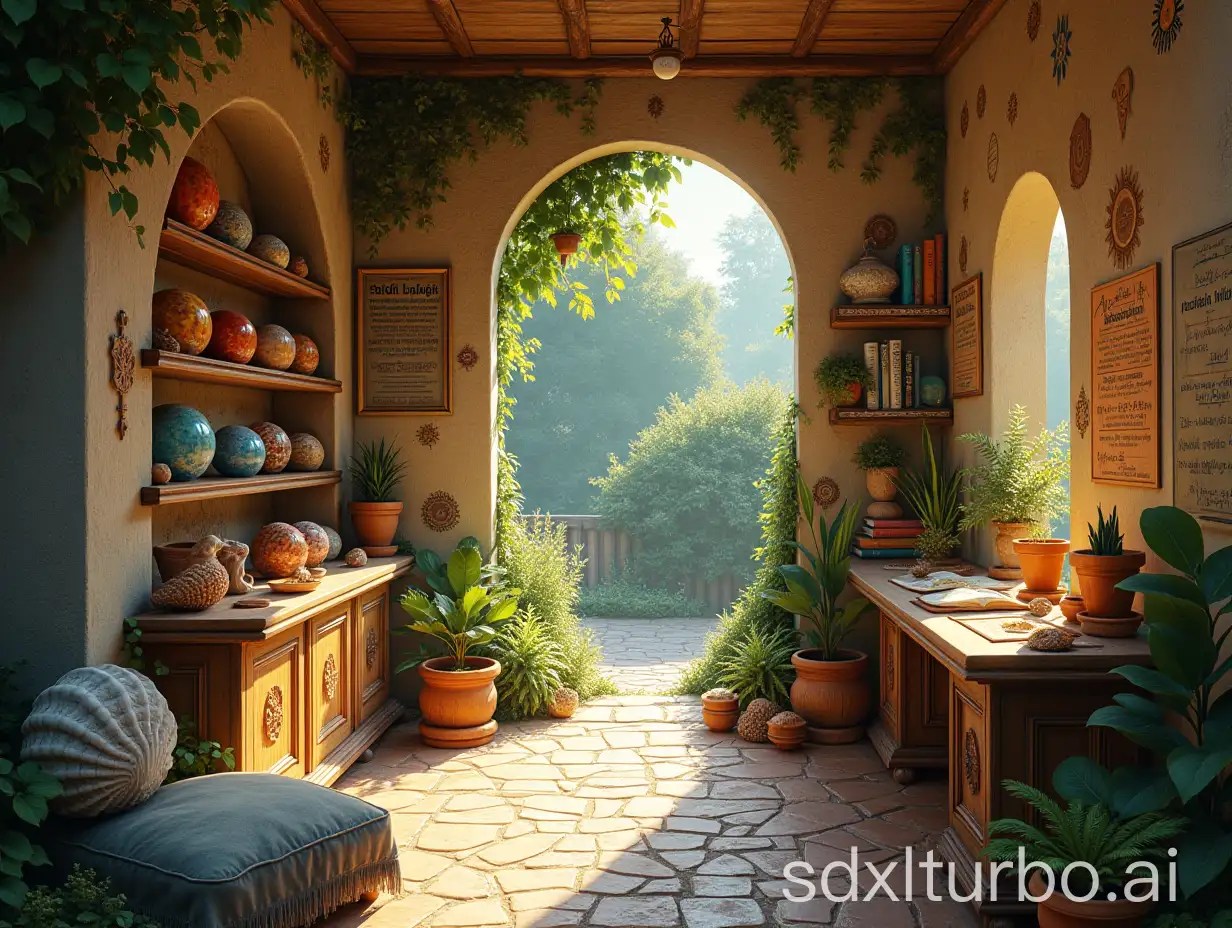 a beautiful garden, dodecahedra on shelves, sun mandalas and formulas painted on walls, spiraling seashells, posters with formulas, sunny and mysterious atmosphere, high precision