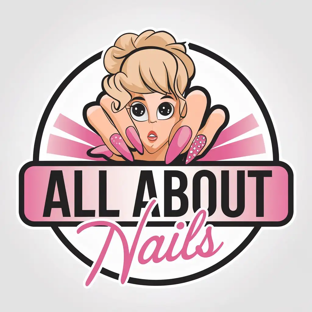 LOGO Design for All About Nails Modern Pink Vector with Elegant Girl Hand and Artistic Font