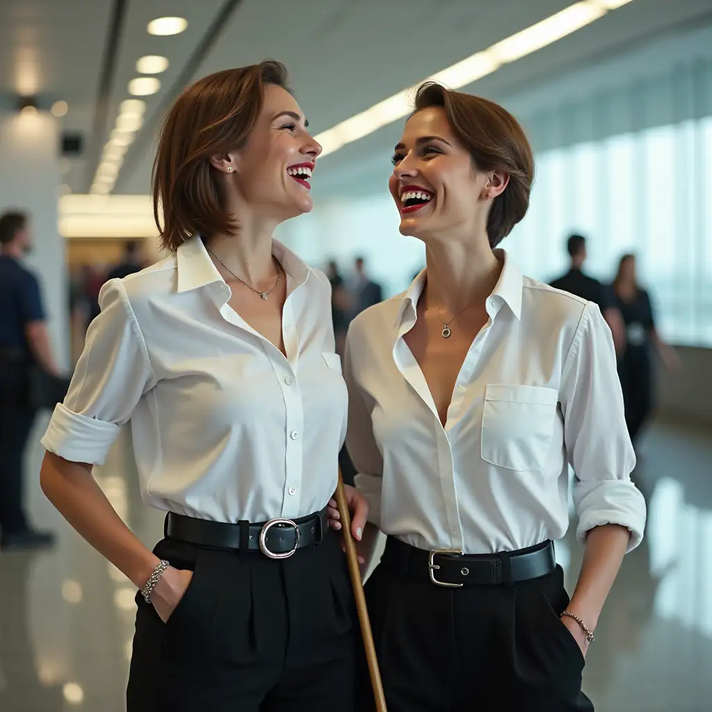 two norvegian lady , in white unbuttoned airport security  shirt, laughing with her mouth open, red lipstick accentuating her smile,belt on waist, big wide hips, chest are fully grown, jewerly, short hair, HD, holds long riding crop, airport, photo-realism