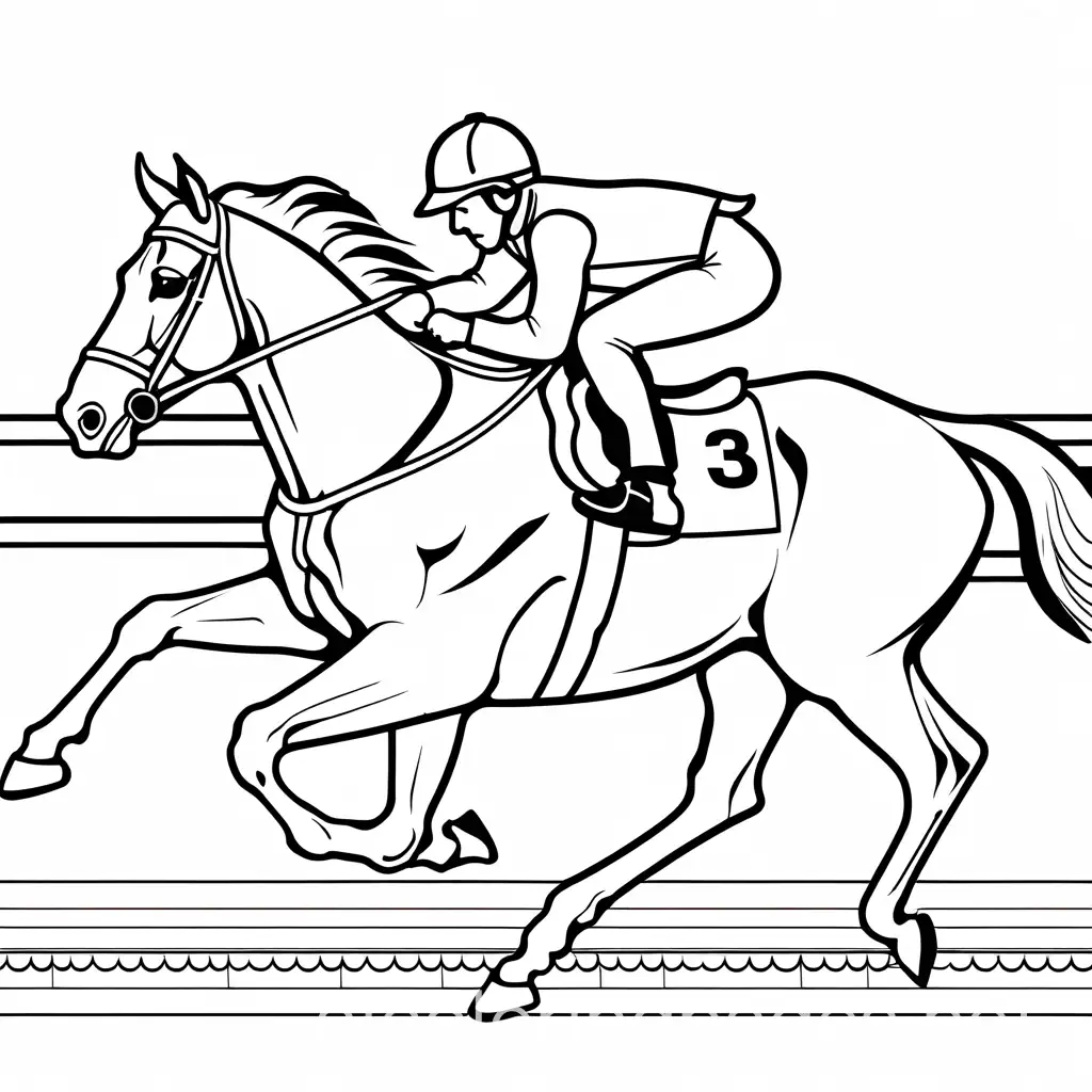racing horses, Coloring Page, black and white, line art, white background, Simplicity, Ample White Space. The background of the coloring page is plain white to make it easy for young children to color within the lines. The outlines of all the subjects are easy to distinguish, making it simple for kids to color without too much difficulty