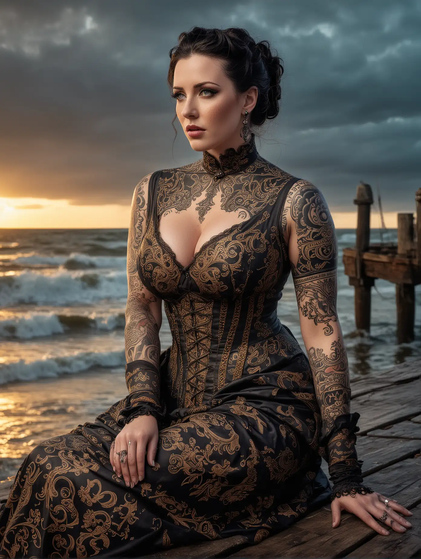 A portrait of beautiful Angela White wears Victorian fighter dress with amazing tattoo, adorned with Baroque tattoos sitting on an old wooden harbour when a stormy beach at sunset, in an opulent dress, with filigree patterns on her skin, contrasting with the huge waves of ocean, fantasy theme, fantasy art.